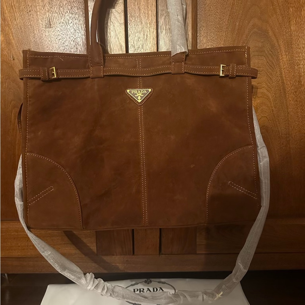 Suede Cognac Leather Handbag with Gold Accents